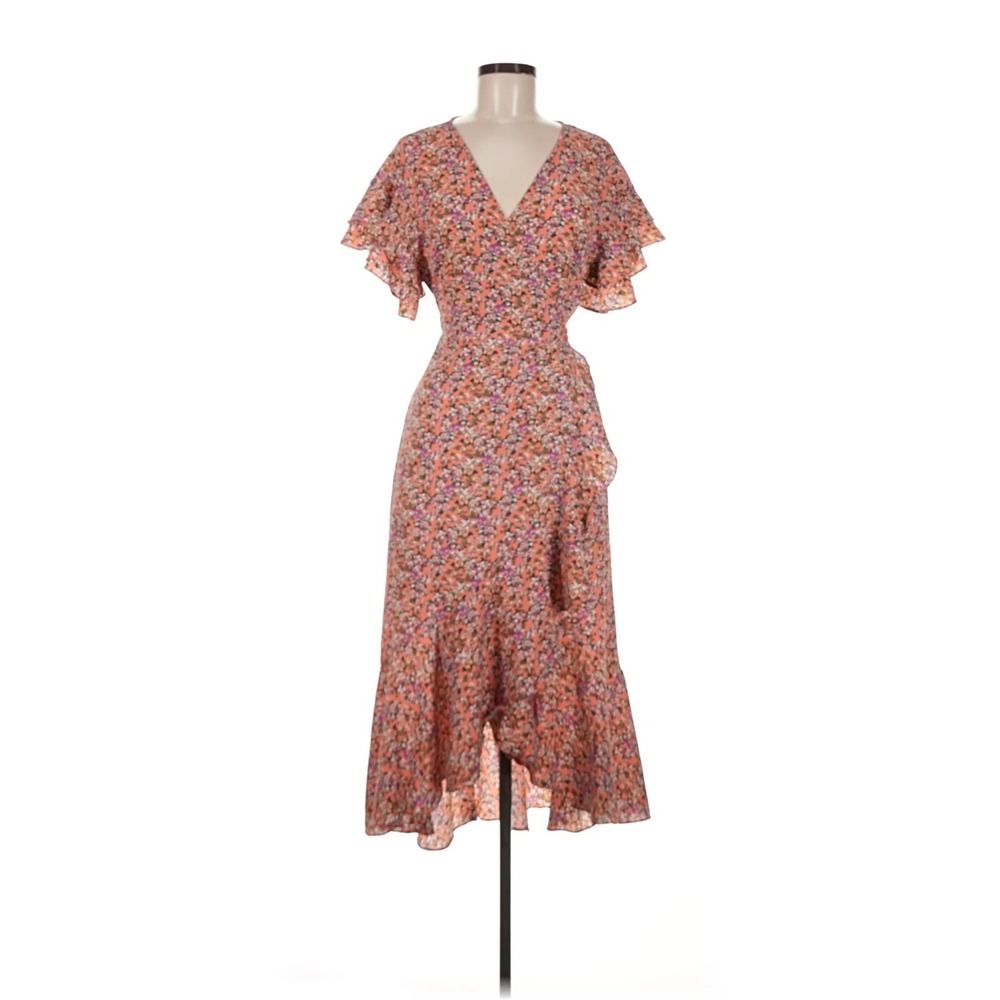 Max Studio Womens Floral Wrap Dress Coral Ruffle Flutter Sleeve High Low 8907C58